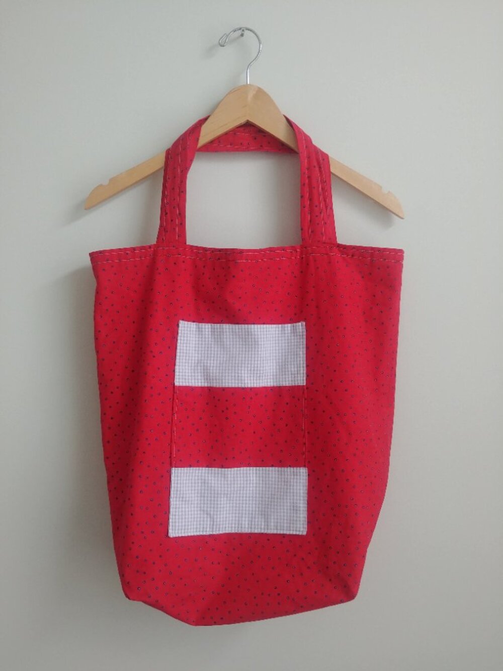 Handmade red blue and white fabric tote bag